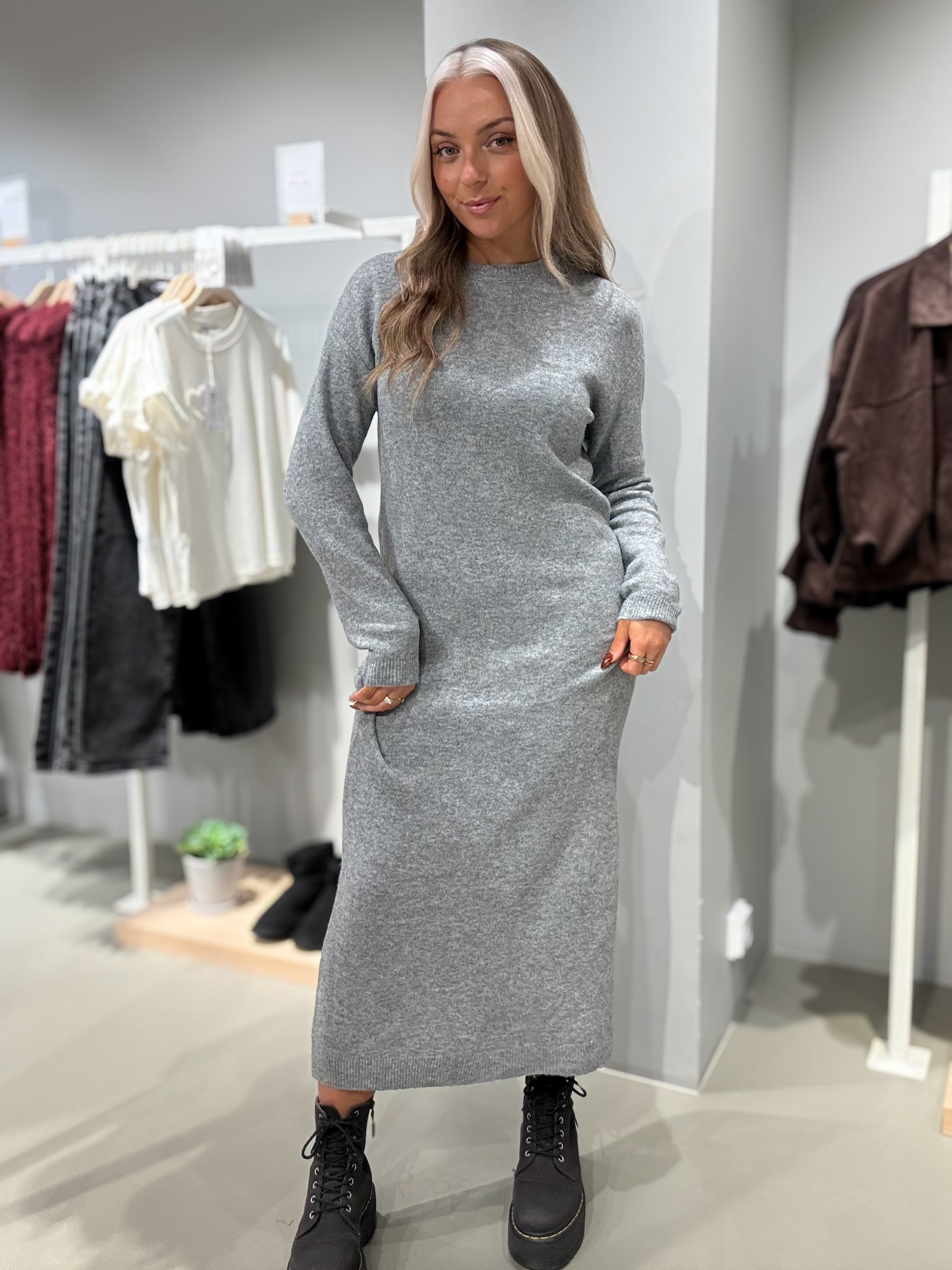 NMLIZETTE Long Dress - Medium Grey Melange